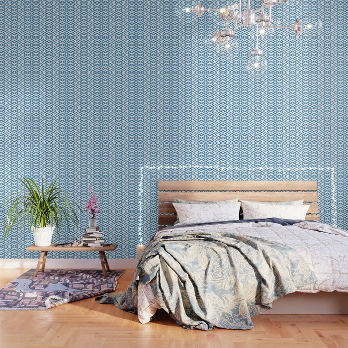 Blue and White Diamond Shape Art Deco Pattern 2022 Trending Color Pantone Indigo Bunting 18-4250 Wallpaper