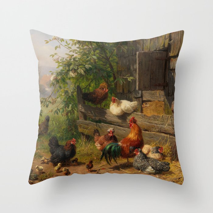 Chickens & Roosters on Farmland Art Throw Pillow