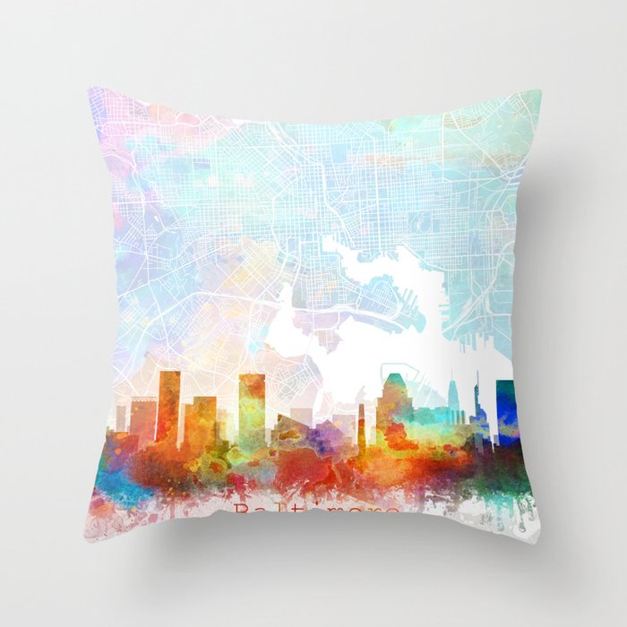 Baltimore Skyline Map Watercolor, Print by Zouzounio Art Throw Pillow