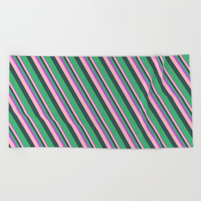 Orchid, Light Pink, Dark Slate Gray, and Sea Green Colored Lines/Stripes Pattern Beach Towel