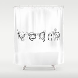 VEGAN drawing (rooster/cow/pig/chick/bunny), prints/clothing/wall tapestry/coffee mug/home decor Shower Curtain