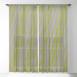 [ Thumbnail: Grey & Green Colored Stripes Pattern Sheer Curtain ]