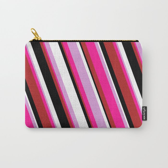 Eyecatching Plum, Deep Pink, Red, Black & White Colored Lined/Striped Pattern Carry-All Pouch