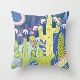 Cactus Nightlife Throw Pillow | Digital, Llama, Cactus, Stars, Dreamy, Collage, Festival, Graphicdesign, Whimsical, Pattern 