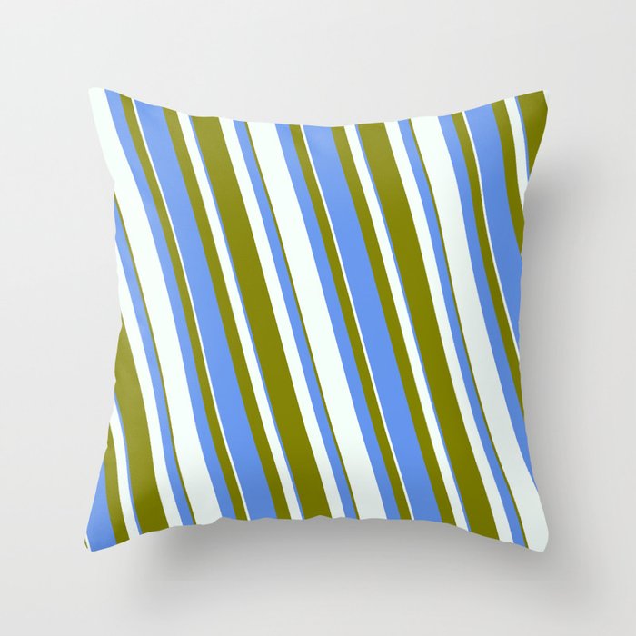 Mint Cream, Green & Cornflower Blue Colored Striped/Lined Pattern Throw Pillow