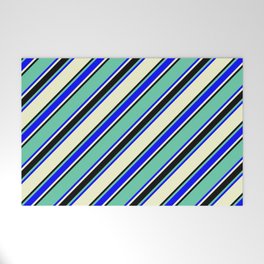 [ Thumbnail: Aquamarine, Blue, Light Yellow & Black Colored Lined Pattern Welcome Mat ]