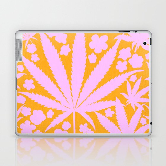 Modern Cannabis And Flowers And Leaves In Pink On Orange Tropical Botanical Floral Silhouette  Laptop & iPad Skin