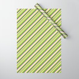 [ Thumbnail: Bisque, Green & Dim Gray Colored Pattern of Stripes Wrapping Paper ]