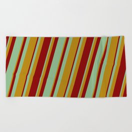 [ Thumbnail: Dark Goldenrod, Dark Red & Dark Sea Green Colored Lined/Striped Pattern Beach Towel ]