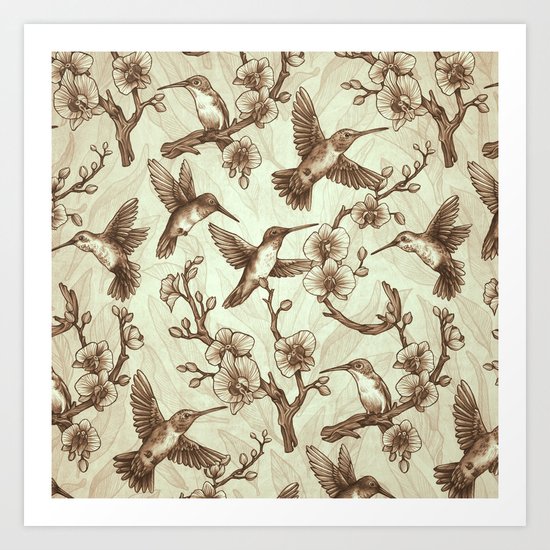 Sepia Hummingbird Pattern Art Print