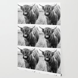 Highland Cow Landscape, Black and White Wallpaper
