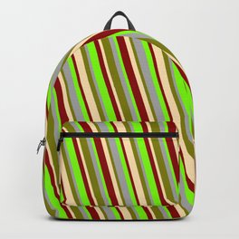 [ Thumbnail: Eye-catching Dark Grey, Green, Beige, Dark Red, and Chartreuse Colored Lined/Striped Pattern Backpack ]