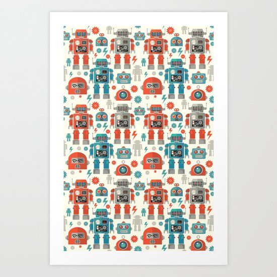 Retro Space Robot Seamless Pattern Art Print