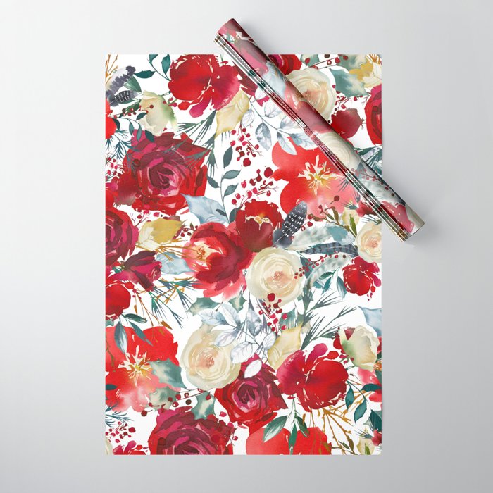 Red teal hand painted boho watercolor roses floral Wrapping Paper by Pink  Water