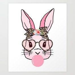 Cute Bunny With Leopard Glasses Bubblegum Easter Day T-Shirt Art Print