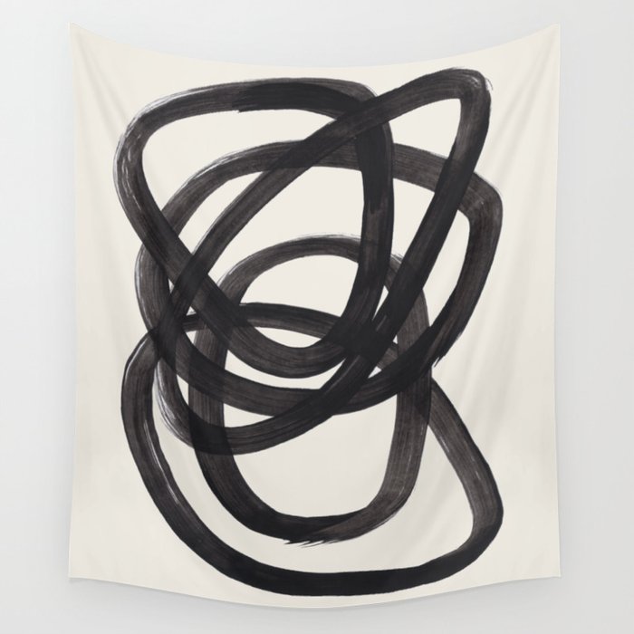 Mid Century Modern Minimalist Abstract Art Brush Strokes Black & White Ink Art Spiral Circles Wall Tapestry