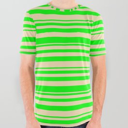 [ Thumbnail: Lime & Tan Colored Lined Pattern All Over Graphic Tee ]