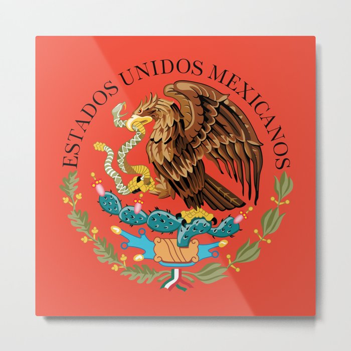 Mexican Coat of Arms Seal on Adobe Red Metal Print