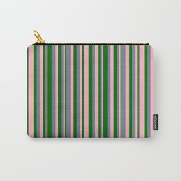 [ Thumbnail: Light Pink, Slate Gray & Dark Green Colored Pattern of Stripes Carry-All Pouch ]