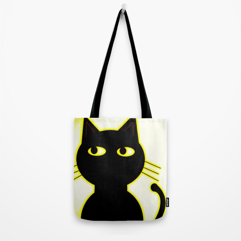 Cute Black Cat Comic Book Effect In Yellow Tote Bag By