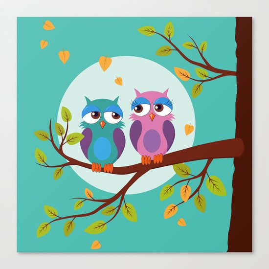Sleepy owls in love Canvas Print