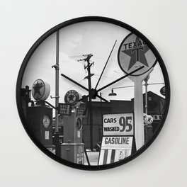11 cents a gallon gas station / automobile filling station Texaco vintage black and white Americana photograph - photography - photographs Wall Clock