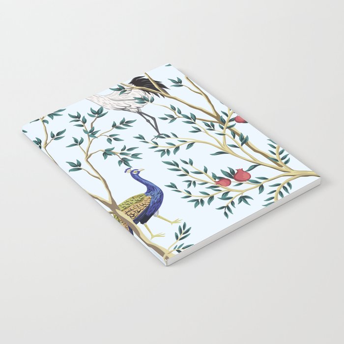 Vintage garden pomegranate fruit tree, exotic bird, peacock floral seamless pattern blue background. Exotic chinoiserie hand drawn.  Notebook