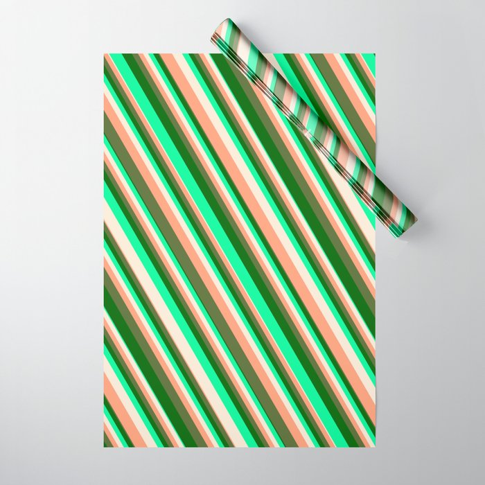 Vibrant Green, Beige, Light Salmon, Dark Olive Green & Dark Green Colored Striped/Lined Pattern Wrapping Paper