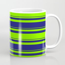 [ Thumbnail: Green and Midnight Blue Colored Lines/Stripes Pattern Coffee Mug ]