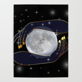 Mystical Hands holding the full moon performing magic ritual Poster