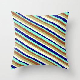 [ Thumbnail: Eye-catching Sienna, Dark Khaki, Light Yellow, Blue, and Aquamarine Colored Striped/Lined Pattern Throw Pillow ]