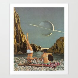 Serenade to Saturn Art Print | Cosmic, Girls, Boho, Bikini, Fun, Yoga, Teal, Space, Curated, Photomontage 