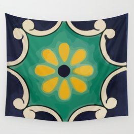 Navy flower retro frame mexican talavera tile home decor Wall Tapestry