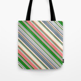 [ Thumbnail: Eye-catching Beige, Light Coral, Forest Green, Grey, and Slate Gray Colored Lined/Striped Pattern Tote Bag ]