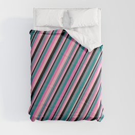 [ Thumbnail: Light Slate Gray, Dark Cyan, Hot Pink, Light Pink, and Black Colored Striped/Lined Pattern Comforter ]
