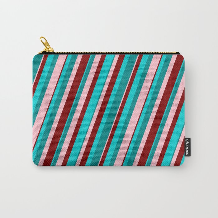 Dark Turquoise, Dark Cyan, Pink & Maroon Colored Pattern of Stripes Carry-All Pouch