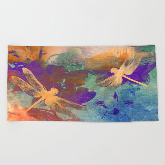 Orange Orange Dragonflies Beach Towel