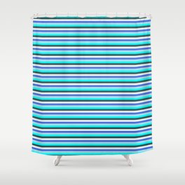 [ Thumbnail: Royal Blue, Powder Blue, Cyan, Dark Slate Gray, and Mint Cream Colored Lined/Striped Pattern Shower Curtain ]