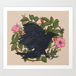 Raven and roses Art Print