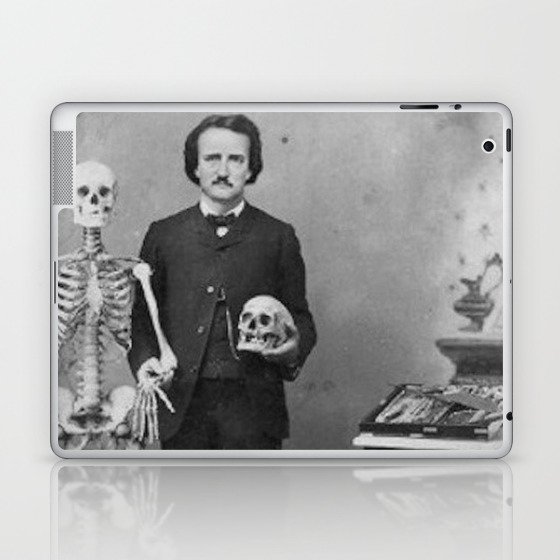 Edgar Allan Poe with Skull and Skeleton macabre black and white photograph Laptop & iPad Skin