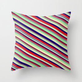 [ Thumbnail: Tan, Blue, Red, Light Slate Gray, and Light Green Colored Stripes/Lines Pattern Throw Pillow ]