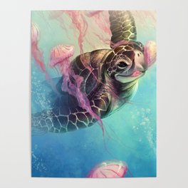Sea Turtle and Jellyfish! Poster