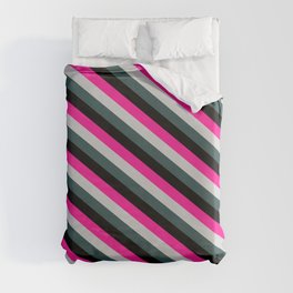 [ Thumbnail: Deep Pink, Light Grey, Dark Slate Gray & Black Colored Lines/Stripes Pattern Duvet Cover ]