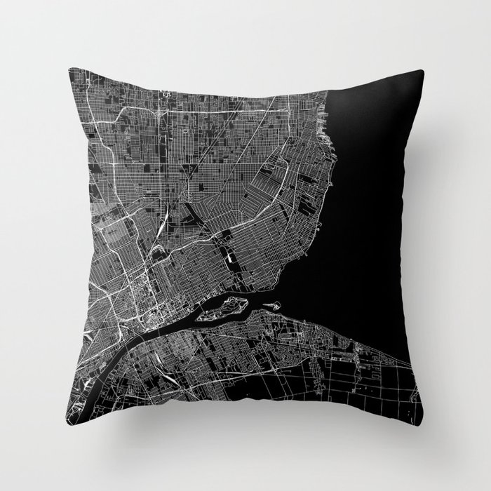 Detroit Black Map Throw Pillow
