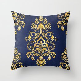 Navy Blue & Gold Damask Flower Pattern Throw Pillow