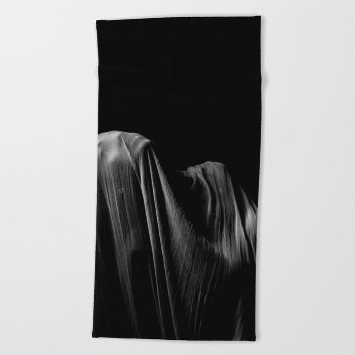 Female figurative portrait under veil black and white photograph / photography Beach Towel