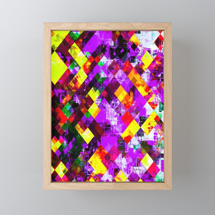 geometric pixel square pattern abstract background in purple yellow Framed Mini Art Print