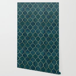 Emerald Golden Moroccan Quatrefoil Pattern II Wallpaper