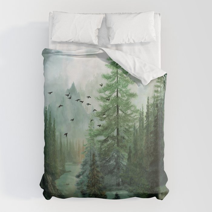 Mountain Morning 2 Bettbezug | Gemälde, Digital, Aquarell, Baum, Bäume, Pine, Forest, River, Landscape, Wonderlust