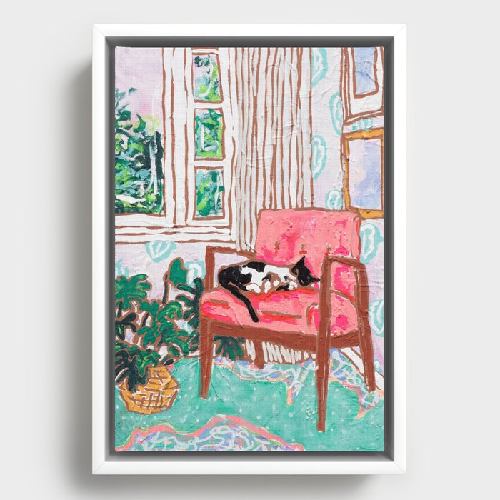Little Naps - Tuxedo Cat Napping in a Pink Mid-Century Chair by the Window Framed Canvas